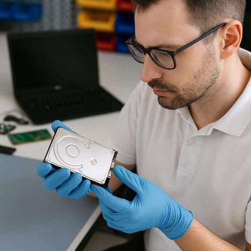 Engineer in nitrile gloves inspecting a 2.5-inch hard drive