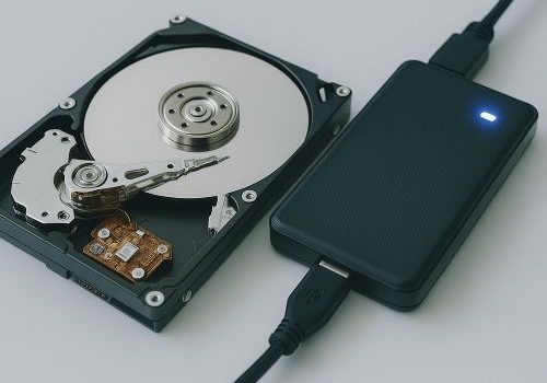 Opened hard drive next to an external drive used to return recovered data